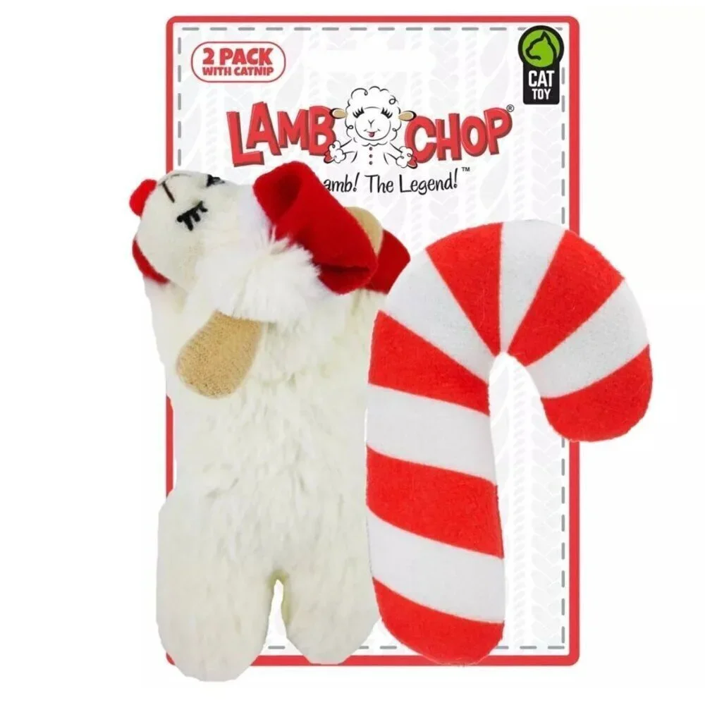 Multipet Lamb Chop Santa Hat Crinkle Candy Cane Catnip Plush Cat Toy 2pk